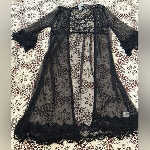Sheer Black Lace Robe with Scalloped Trim - Elegant Cover-Up
